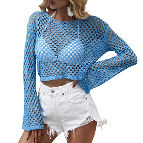 Himllauen Damen Strick Crop Top Crochet Tops Strickpullover Sexy Pullover Langarmshirt Y2K Elegant Tops Bikini Cover Up für Frauen (H Blau, M) von Himllauen