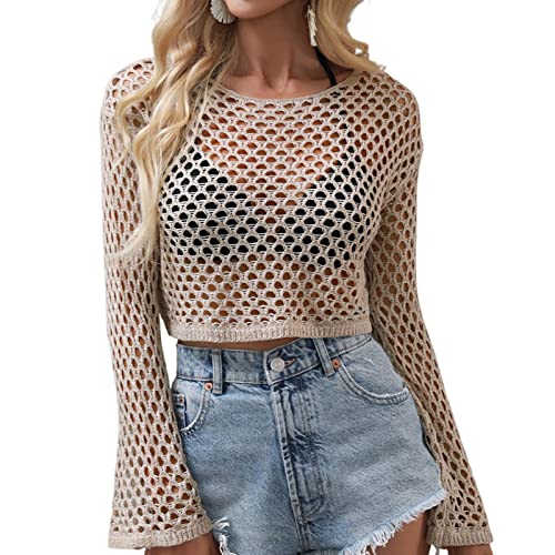 Himllauen Damen Strick Crop Top Crochet Tops Strickpullover Sexy Pullover Langarmshirt Y2K Elegant Tops Bikini Cover Up für Frauen (H Khaki, XL) von Himllauen