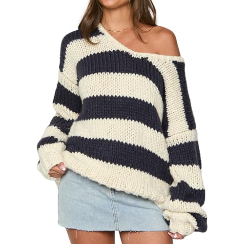 Himllauen Damen Strickpullover Lang Schulterfrei Pulli Damen Oversize Gestrickt Sweatshirt Damen Oversized Y2k Top (Marineblau, S) von Himllauen