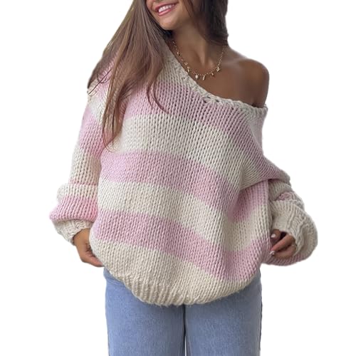 Himllauen Damen Strickpullover Lang Schulterfrei Pulli Damen Oversize Gestrickt Sweatshirt Damen Oversized Y2k Top (Rosa, S) von Himllauen