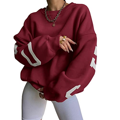 Himllauen Damen Sweatshirt Oversize Pullover Herbst Winter Dick Warm Langarm Oberteile Y2k Oversized Sweatshirts ohne Kapuze (Weinrot, M) von Himllauen