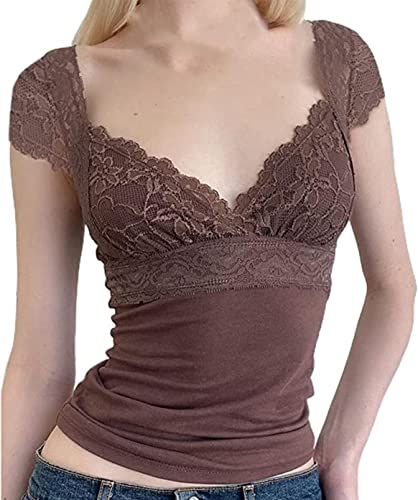 Himllauen Damen T-Shirt Lace Vintage Patchwork Top Sexy Oberteil Kurzarm Tops Slim Crop Top Elegant Ästhetisch Oberteile Y2K Top für Frauen Mädchen (C Braun, S) von Himllauen