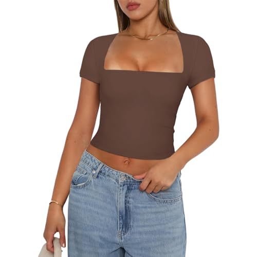 Himllauen Damen T-Shirt Sommer Crop Top Slim Fit Kurzarm Shirt Sommer Basic Oberteil für Frauen Mädchen Fashion Tops Y2k Clothes (B Dunkelbraun, L) von Himllauen