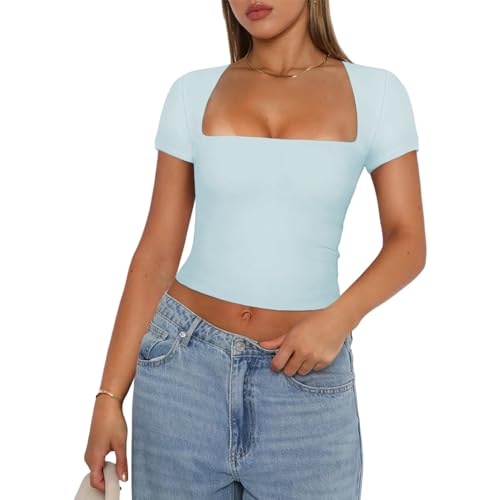 Himllauen Damen T-Shirt Sommer Crop Top Slim Fit Kurzarm Shirt Sommer Basic Oberteil für Frauen Mädchen Fashion Tops Y2k Clothes (B Hellblau, S) von Himllauen