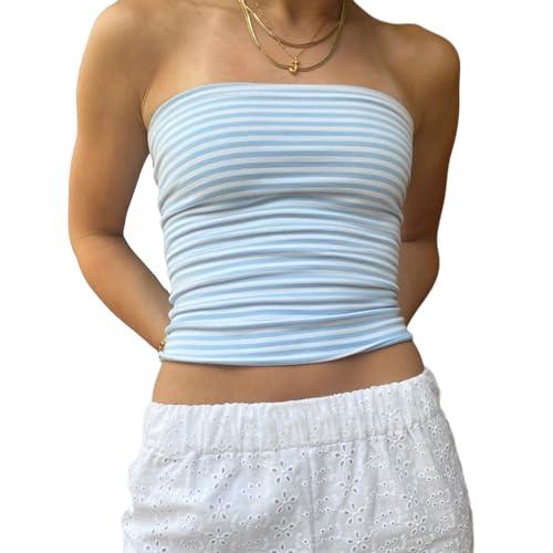 Himllauen Damen Tube Top Trägerloses Top Sexy Elegant Bandeau Top Damen Schulterfreies Oberteil Sommer Slim Fit Oberteile (C Blaue Streifen, L) von Himllauen