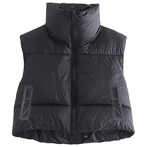 Himllauen Damen Weste Kurz Stehkragen Zipper Ärmellose Steppweste Herbst Winter Warm Puffer Weste Daunenweste (C Schwarz mit Taschen, XL) von Himllauen