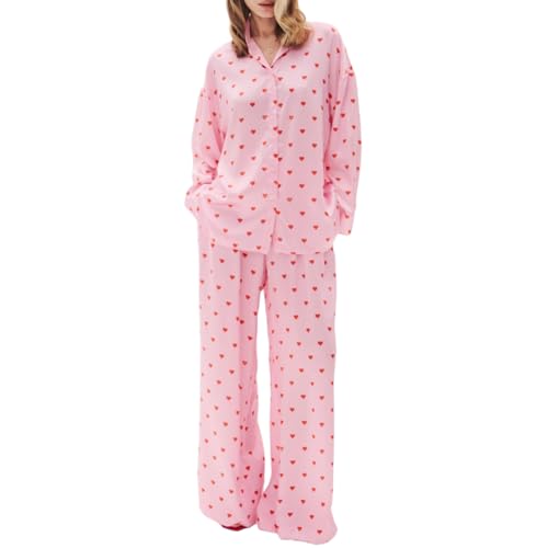 Himllauen Damen Y2k Bedruckt Pyjama Lang Schlafanzug Shirt und Hose Lounge Set Hausanzug Zweiteiler Set Große Größen (Herzdruck Rosa, M) von Himllauen