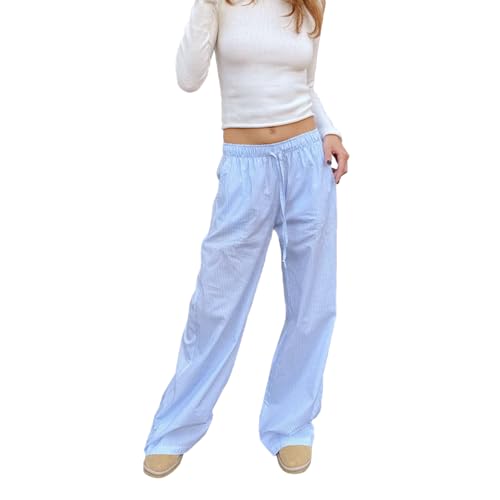 Himllauen Damen Y2k Hose Freizeithose Gestreifte Baggy Hose Bequeme Hosen Leichte Sommerhose Jogginghose Pyjamahose (C Hellblau, S) von Himllauen