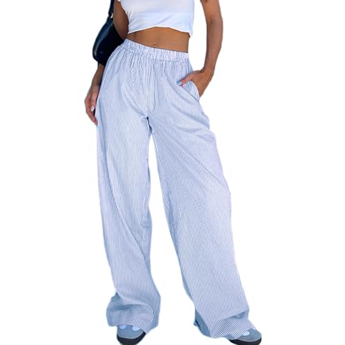 Himllauen Damen Y2k Hose Freizeithose Gestreifte Baggy Hose Bequeme Hosen Leichte Sommerhose Jogginghose Pyjamahose (D Hellblau, L) von Himllauen