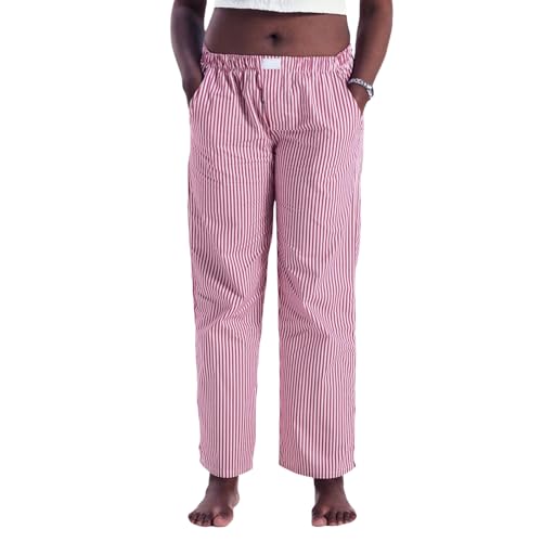 Himllauen Damen Y2k Hose Freizeithose Gestreifte Baggy Hose Bequeme Hosen Leichte Sommerhose Jogginghose Pyjamahose (F Dunkelrosa, M) von Himllauen