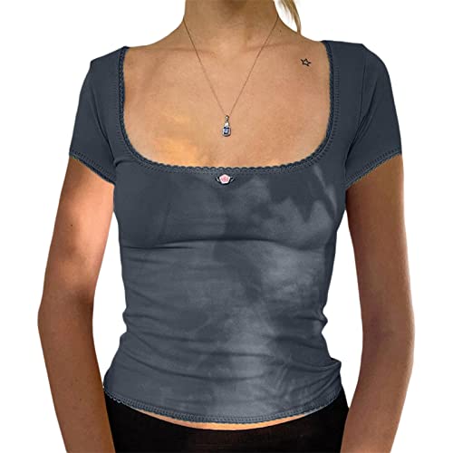 Himllauen Damen Y2k Kurzarm Crop Top Lace Spitze Tshirt Y2k Slim Fit Tshirt Sommer Basic T-Shirts für Damen Mädchen Sexy Elegant Y2k Clothes (H Dunkelgrau, S) von Himllauen