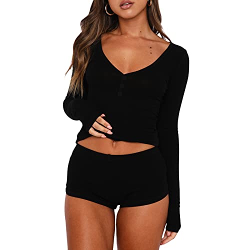 Himllauen Damen Y2k Shorts Set Pyjama Set Lounge Set Slim Fit Langarmshirt und Shorts Zweiteiler Y2k Sommer Elegant Outfit (C Schwarz, M) von Himllauen