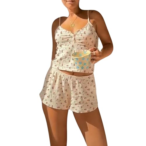 Himllauen Damen Y2k Top Shorts Set Herzdruck Lounge Set Slim Fit Y2k Oberteil + Shorts Set Sommer Elegant Sexy Zweiteiler Outfit Schlafanzug (B Weiß Floral 1, L) von Himllauen