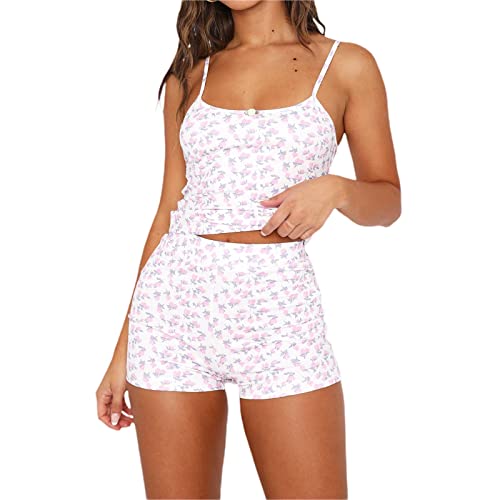 Himllauen Damen Y2k Top Shorts Set Herzdruck Lounge Set Slim Fit Y2k Oberteil + Shorts Set Sommer Elegant Sexy Zweiteiler Outfit Schlafanzug (E Rosa, M) von Himllauen