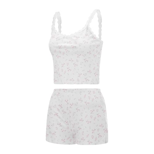 Himllauen Damen Zweiteiler Outfit Pyjama Set​ Kurz Schlafanzug Floral Print Top und Shorts Sommer Lounge Set Y2k Shorts Set (A Rosa, S) von Himllauen