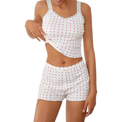 Himllauen Damen Zweiteiler Outfit Pyjama Kurz Schlafanzug Floral Print Top und Shorts Sommer Lounge Y2k Set (A Rot, M) von Himllauen