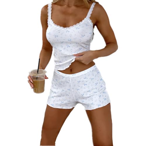 Himllauen Damen Zweiteiler Outfit Pyjama Set​ Kurz Schlafanzug Floral Print Top und Shorts Sommer Lounge Set Y2k Shorts Set (A Weiß, S) von Himllauen
