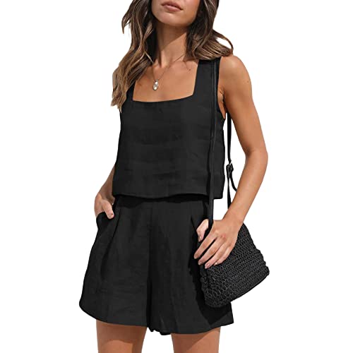 Himllauen Damen Zweiteiler Outfit Sets Einfarbig Ärmellos Top + Baggy Shorts mit Taschen Sommer Frauen Sets (Schwarz, L) von Himllauen