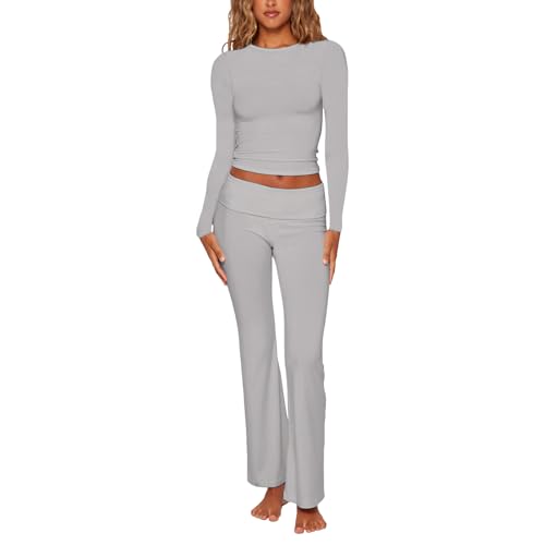 Himllauen Damen Zweiteiler Outfit Slim Fit Langarmshirt + Hose 2tlg Elegant Hosenanzug Büro Outfits (A Langarm Hellgrau, M) von Himllauen