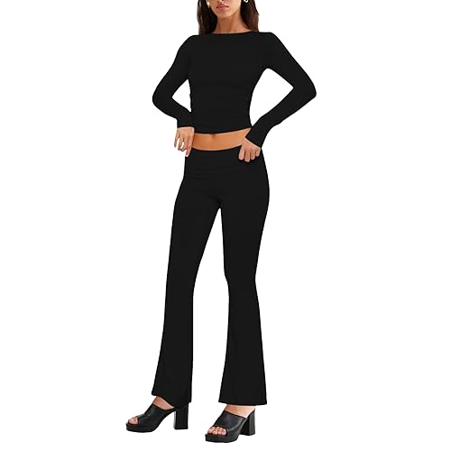 Himllauen Damen Zweiteiler Outfit Slim Fit Langarmshirt + Hose 2tlg Elegant Hosenanzug Büro Outfits (A Langarm Schwarz, L) von Himllauen