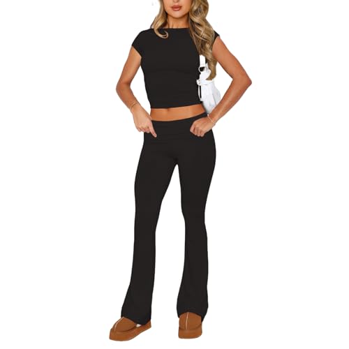 Himllauen Damen Zweiteiler Outfit Slim Fit Langarmshirt T-Shirt + Lange Hose 2tlg Elegant Hosenanzug Y2k Clothes Sport Yoga Trainingsanzug ​Lounge Set (A1 Kurzarm Tshirt Schwarz, M) von Himllauen