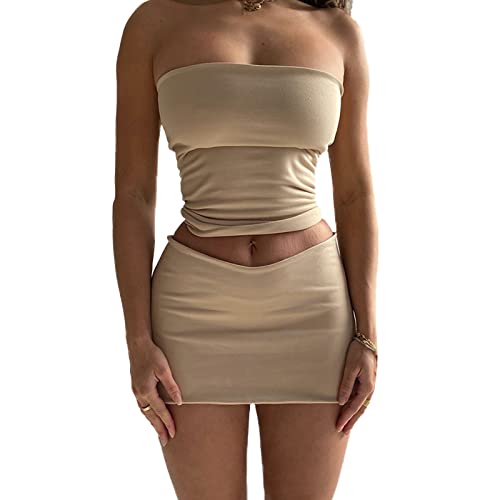 Himllauen Damen Zweiteiler Rock Set Y2K Sexy Outfit Einfarbig Crop Top + Niedrige Taille Bodycon Minirock Sommer Outfits (A Beige, S) von Himllauen