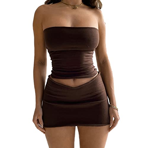 Himllauen Damen Zweiteiler Rock Set Y2K Sexy Outfit Einfarbig Crop Top + Niedrige Taille Bodycon Minirock Sommer Outfits (A Kaffee, S) von Himllauen