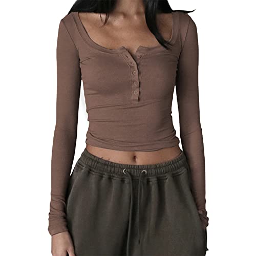 Himllauen Y2K Top Damen Langarmshirt Sexy Oberteil Einfarbig Sweatshirt Langarm Crop Top Y2K Aesthetic Clothes Slim Oberteile Langarm Shirt Streetwear für Frauen (B Braun, L) von Himllauen