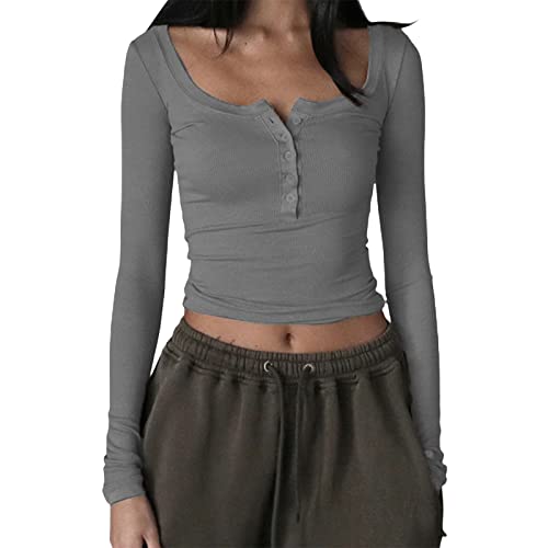 Himllauen Y2K Top Damen Langarmshirt Sexy Oberteil Einfarbig Sweatshirt Langarm Crop Top Y2K Aesthetic Clothes Slim Oberteile Langarm Shirt Streetwear für Frauen (B Grau, M) von Himllauen