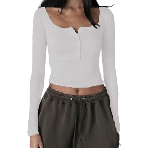 Himllauen Y2K Top Damen Langarmshirt Sexy Oberteil Einfarbig Sweatshirt Langarm Crop Top Y2K Aesthetic Clothes Slim Oberteile Langarm Shirt Streetwear für Frauen (B Weiß, S) von Himllauen