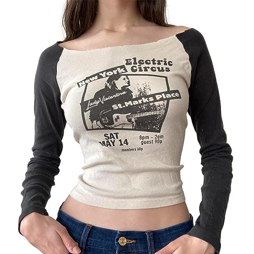 Himllauen Damen Langarmshirt Bedruckt Langarm Shirt Sweatshirt Vintage Crop Tops Y2k Gothic Punk Grunge E-Girl Clothes für Frauen Mädchen (K Schwarz Beige, M) von Himllauen