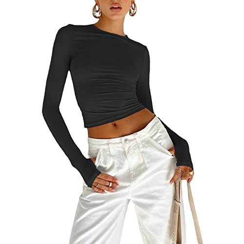 Y2K Top Langarmshirt Damen Sexy Oberteil Sweatshirt Damen Langarm Crop Top Y2K Clothes Slim Oberteile Langarm Shirts Streetwear Cropped Top Lässig Schwarz Pulli (C Schwarz, L) von Himllauen