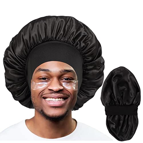 Himoswis Haube für Herren, Haarhaube zum Schlafen, doppellagige Satin-Hauben für Schwarze Frauen, lockiges Haar, wendbare Schlafmütze (groß, Schwarz/Schwarz) von Himoswis
