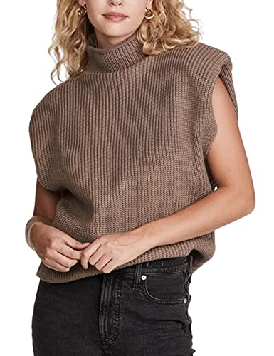 Himosyber Damen Solide Ärmellose Weste Elegant Hoher Ausschnitt Stetchable Flügelärmel Strickpullover Tops, Braun, Mittel von Himosyber