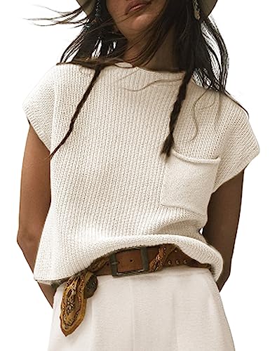 Himosyber Damen Solide ärmellose Weste Stehkragen Flügelärmel Strickwaren Pullover Tops, Weiss/opulenter Garten, Mittel von Himosyber