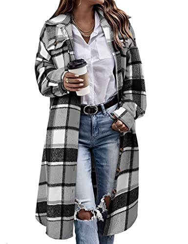 Himosyber Lässiger Damen-Shaket-Mantel mit kariertem Revers, Wolle, Knopfleiste, Taschen, lang, GRAU, L Himosyber Lässiger Damen-Shaket-Mantel mit kariertem Revers, Wolle, Knopfleiste, Taschen, lang, GRAU, L von Himosyber