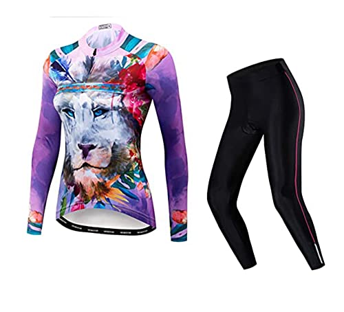 Damen-Fahrradtrikot-Set, langärmelig, reflektierend + 5D-gepolsterte lange Hose, Herbst und Winter, CF2005, X-Groß von HimyBB