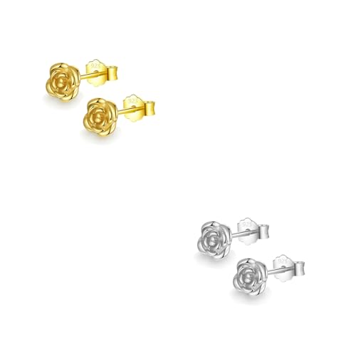 HinDaLi 2 Paar Blume Ohrringe Silber 925 für Damen Mädchen Frauen Kleine Ohrringe Blumen Ohrstecker Set Damen Ohrstecker Silber Blumenohrringe Gold Knorpel Tragus Antiallergisch Ohrschmuck von HinDaLi