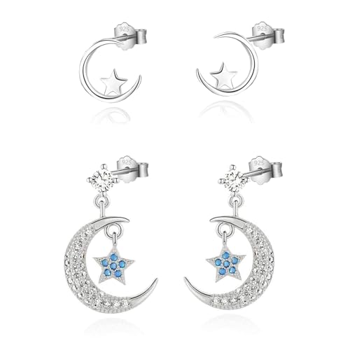 HinDaLi 2 Paar Mond Ohrstecker Stern Ohrringe Silber 925 für Mädchen Damen - Hängend, Stern, Zirkonia, Silber, Klein, Brillant von HinDaLi