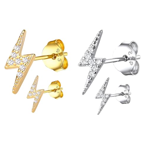 HinDaLi 2 Paar Blitz Ohrringe Silber 925 für Damen Herren Mädchen Ohrstecker Blitz Gold Ohrringe Damen Silber Ohrstecker Damen Gold Antiallergisch Zirkonia Ohrring Stecker Klein von HinDaLi