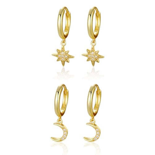 HinDaLi 2 Paar Ohrringe Silber 925 Set Ohrringe Stern Mond Creolen Diamant Hängend Ohrringe Damen Klein Ohrringe Mond Ohrhänger Gold Ohrringe Creolen Mädchen Hängend Creolen Gold Frauen Creolen Stern HinDaLi 2 Paar Ohrringe Silber 925 Set Ohrringe Stern Mond Creolen Diamant Hängend Ohrringe Damen Klein Ohrringe Mond Ohrhänger Gold Ohrringe Creolen Mädchen Hängend Creolen Gold Frauen Creolen Stern von HinDaLi