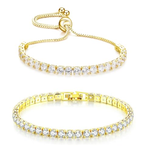 HinDaLi 2 Stück Tennis Armband Gold Diamant Armband Damen Armband Zirkonia Gold Glitzer Armband Gold Damen Tennis Armbänder für Damen Frauen Mädchen Kristall Armband Damen Gold Armbänder Set von HinDaLi