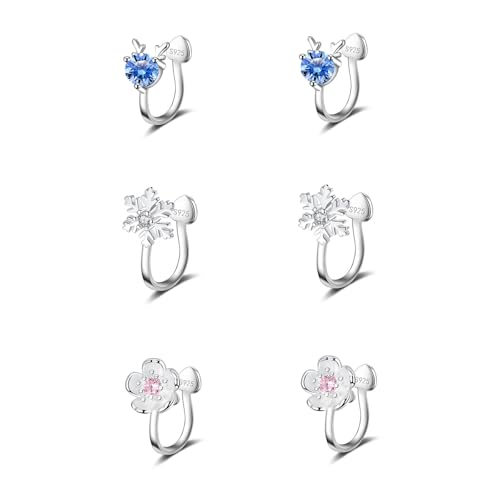 HinDaLi 3 Paar 925 Sterling Silber Clips Ohrringe für Damen Mädchen Frauen Schneeflocken Ohrclips Zirkonia Ohrclips Blume Ohrringe Clips Ohne Ohrlöcher Diamant Silberohrringe Schmuck von HinDaLi