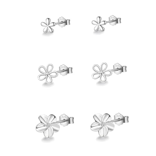 HinDaLi 3 Paar Blumen Ohrringe Silber 925 für Damen Mädchen Frauen Silber Ohrstecker Blume Zirkonia Ohrstecker Damen Set Ohrringe Blume Diamant Klein Piercing von HinDaLi