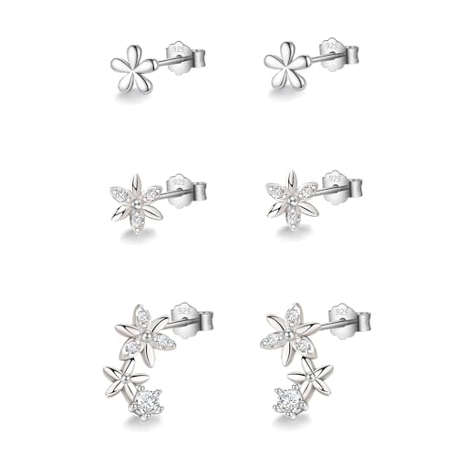 HinDaLi 3 Paar Blumen Ohrringe Silber 925 für Damen Mädchen Frauen Silber Ohrstecker Blume Zirkonia Ohrringe Damen Set Diamant Ohrring Stecker Klein Piercing von HinDaLi