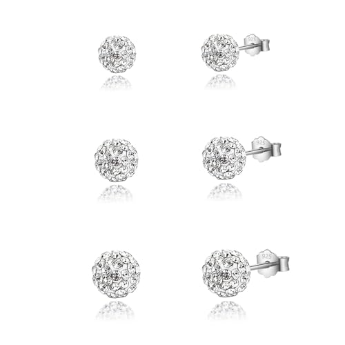 HinDaLi 3 Paar Kugel Ohrstecker Silber 925 Sterling Silber Kristall Kugel Ohrringe Zirkonia Stecker Silber Ohrstecker Damen Piercing Ohrringe für Damen Mädchen Frauen von HinDaLi