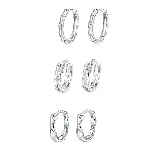 HinDaLi 3 Paar Ohrringe Creolen Silber 925 für Damen Herren Mädchen Männer Zirkonia Kreolen Glitzer Ohrringe Damen Creolen Silber Kleine Twisted Silbercreolen Diamant Silberohrringe für Frauen von HinDaLi