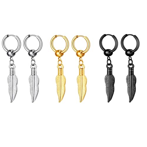 HinDaLi 3 Paar Ohrringe Feder Silber Ohrringe Edelstahl Herren Ohrringe Herren Schwarz Titan Ohrringe Hängend Silber Ohrringe Damen Creolen Ohrringe Gold Set Piercing Ohrringe Männer Ohrringe Schwarz von HinDaLi