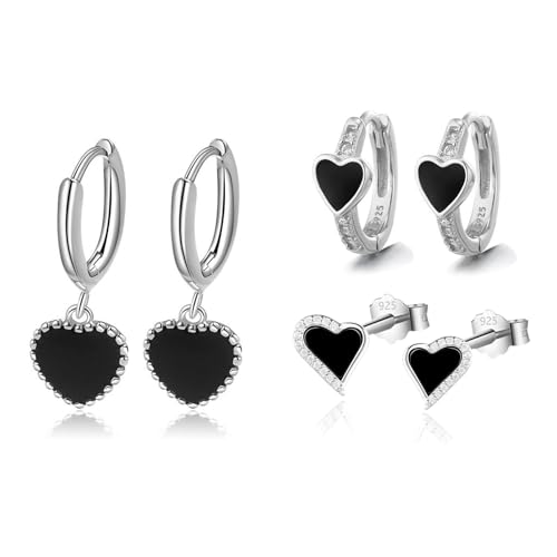 HinDaLi 3 Paar Schwarz Herz Ohrringe Silber 925 für Damen Mädchen Frauen Ohrringe Hängend Herz Ohrstecker Silber 925 Ohrstecker Damen Kleine Creolen mit Anhänger von HinDaLi