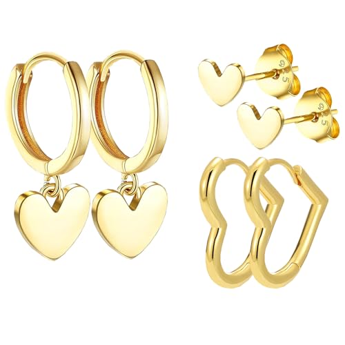 HinDaLi 3 Paar Herz Ohrringe Silber 925 für Damen Mädchen Ohrring Hängend Gold Ohrstecker Damen Stecker Ohrring Creolen Klein Ohrstecker Herz Frauen Ohrhänger Gold Ohrringe Damen Anhänger von HinDaLi